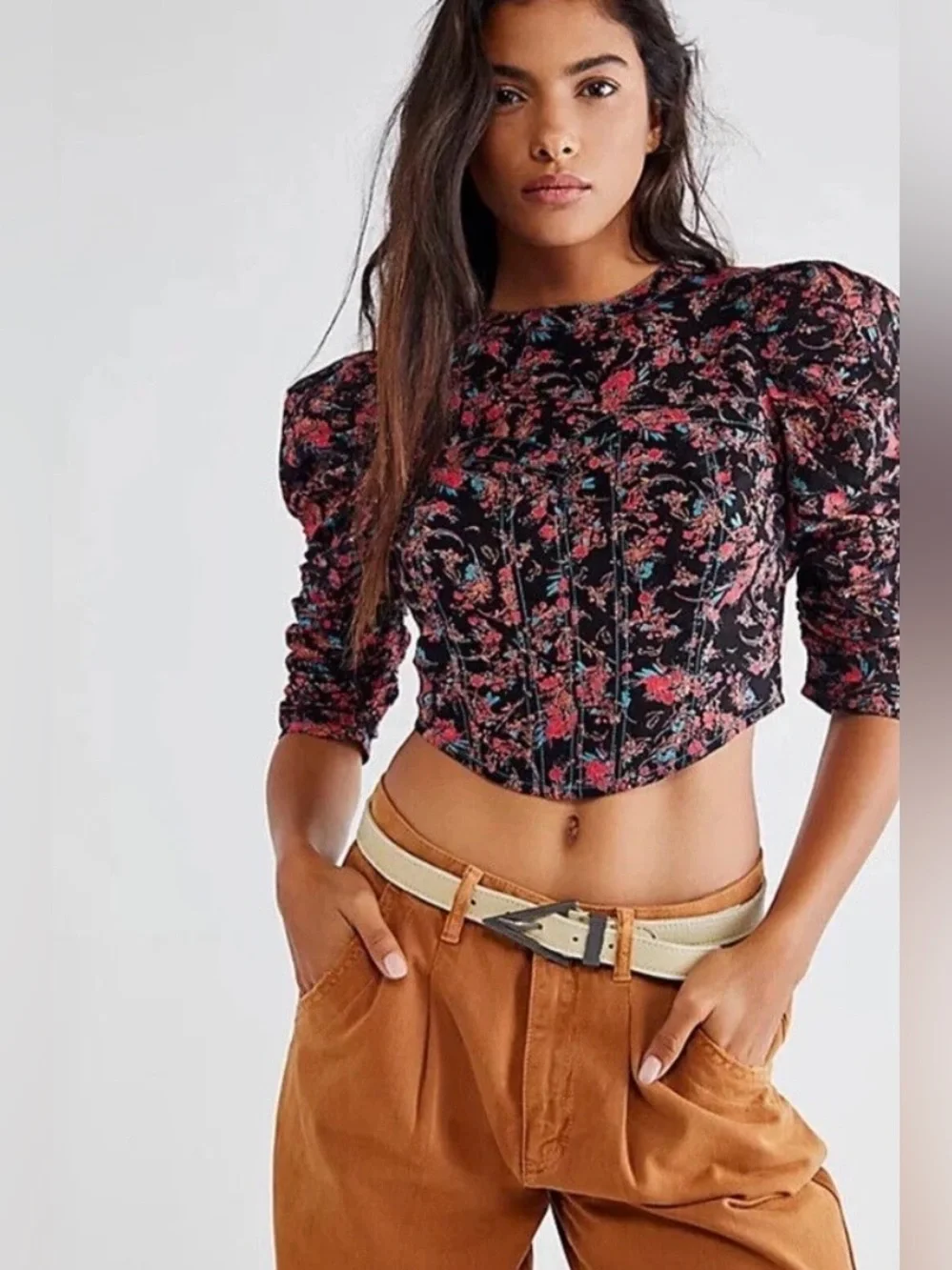 Free People Monica Floral Cropped Top Corset Black Cotton Boho Small Western
